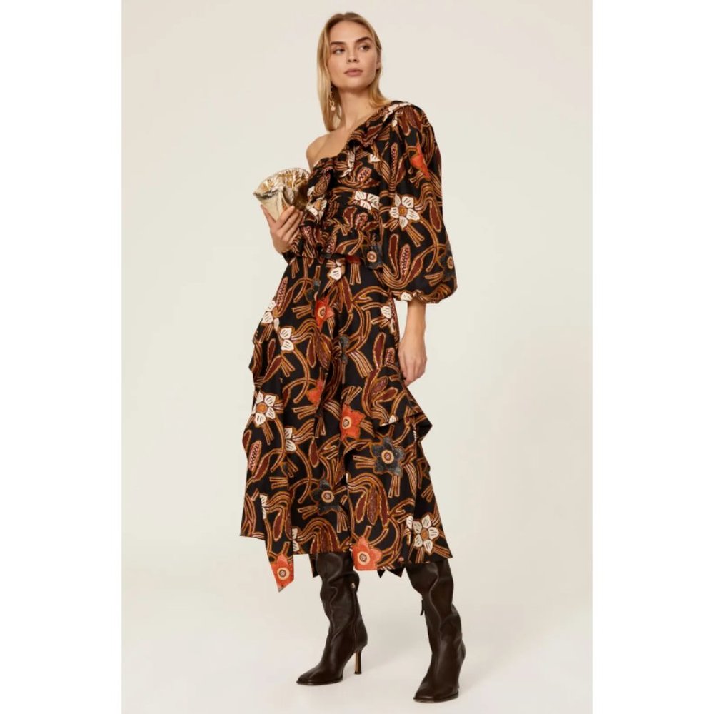 Ulla Johnson MARIAM Black Floral One Shoulder Ruffle Maxi Dress Size 6